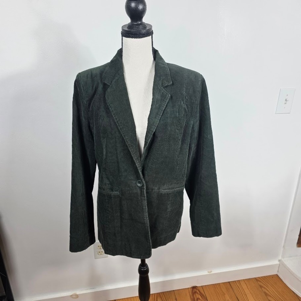 Denim & Co Womens Forest Green Corduroy Blazer Jacket Size Medium Single Button